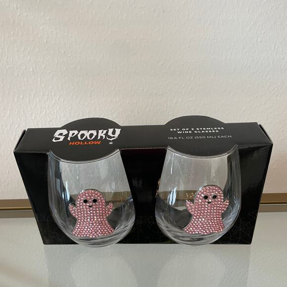 2pc Halloween GHOST Pink Crystal Rhinestone Stemless Wine Glass Set New - Picture 10 of 10